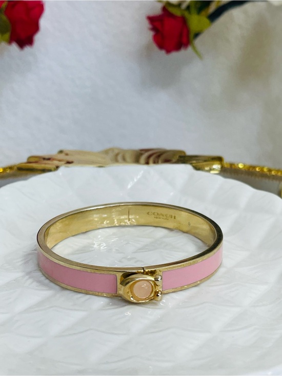Coach Jewelry - Coach Pink and Gold-tone Enamel Hinged Bracelet with “C” Logo Accent
